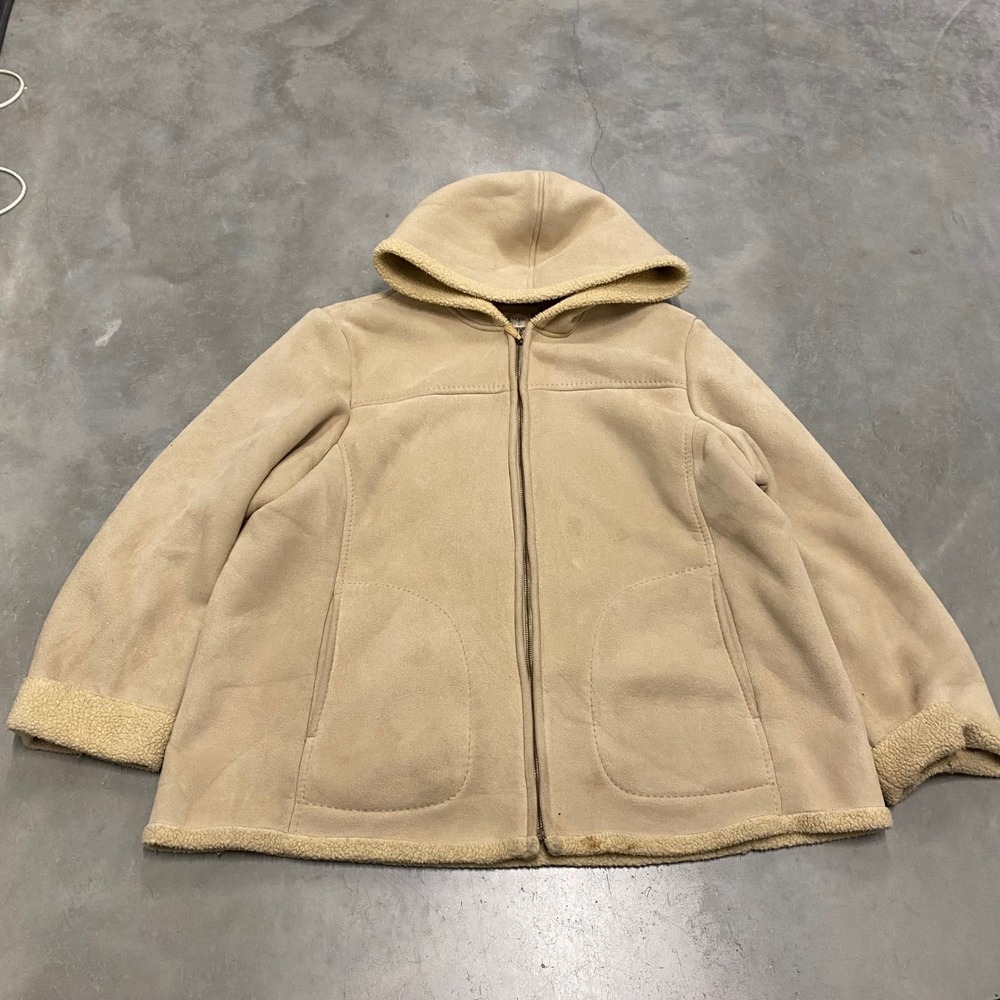 Jones New York Women Tan Faux Suede Sherpa Lined Hooded Zip Jacket 1X RN 15101
